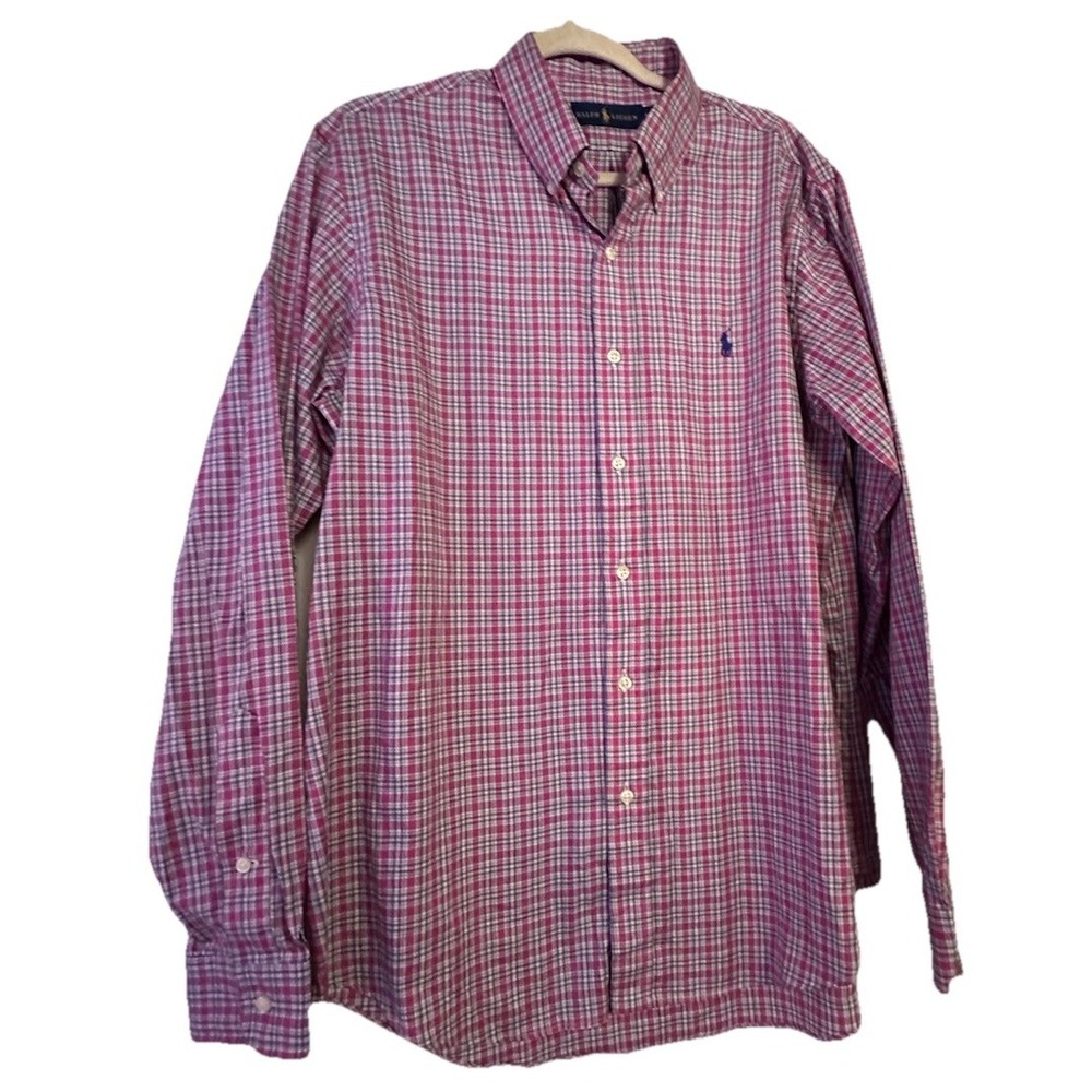 Ralph Lauren Men's Plaid Long Sleeve Button Down Shirt Size Large Cotton Pink